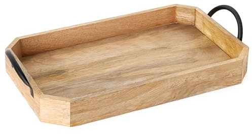 Assorted Collections Wooden Serving Tray with Cast Iron Handles – Premium Decorative Wooden Platter for Coffee Table, Snacks, Buffet & Kitchen Use – Rustic Home Décor Accent (Large)