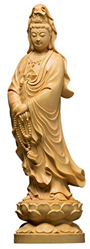 GRFIT Buddha-Statue Kleines Blatt Buchsbaum Holzschnitzerei Buddha Statue Heim Wohnzimmer Feng Shui Carving Handwerk Worship Ornament Guanyin Bodhisattva Feng Shui Dekoration (Size : H25cm)