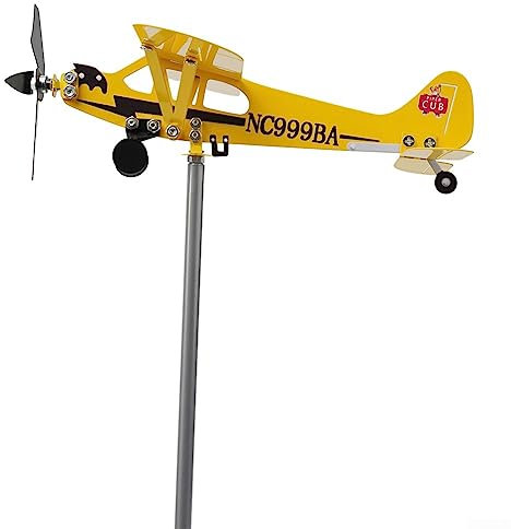 DAZZLEEX Moulin à vent en forme d'avion, girouette, direction du vent, Piper J3 Cub pour jardin, terrasse, cour 30 x 32 cm