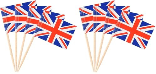 200pcs Union Jack Toothpicks British Sandwich Flags Food Cupcake Cocktail Sticks Picks Tableware King's Coronation Party Supplies Pub BBQ Royal Event Décor (Pack of 2)