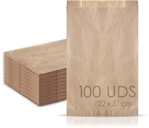 MAMAPAS 100 Bolsas de papel kraft 22+7x31 Bolsas para pan, bolsas comunión, bolsas chuche, bolsa regalo, bolsa panadería, bolsas para regalo, bolsas bocadillo, panadería, sandwich