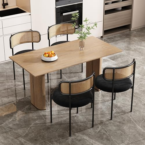 Merax Esszimmerstühle 4er Set, Moderner Küchenstühle mit Rattan Rückenlehne, Essstühle mit Vier Stützbeinen aus Metall, Samt, Schwarz