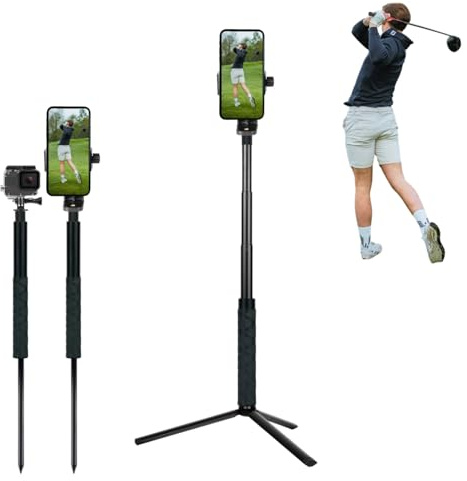 Golf Tripod and Monopod Selfie Stick with Ground Spike Stake, Phone Tripod Holder for Recording Golf Swing, 52 Adjustable Golf Selfie Stick for Swing Training Aid
