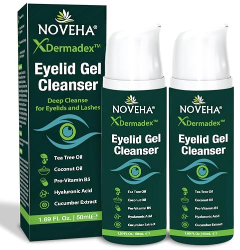 NOVEHA Demodex Lot de 2 gels nettoyants extra forts pour les paupières démodex, MGD et yeux secs avec provitamine B5, huile d'arbre à thé et acide hyaluronique – Nettoyage doux, apaise les