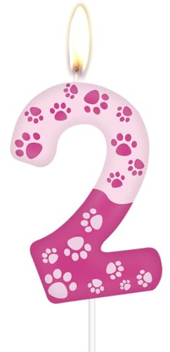 Geburtstagskerzen mit Hundepfoten-Motiv,Zahlenkerzen zum 2. Geburtstag, rosa Zahl 2 für Kuchen, rosa Hundepfotenabdruck, Kuchenaufsatz für Mädchen und Jungen Geburtstagsparty-Dekorationen