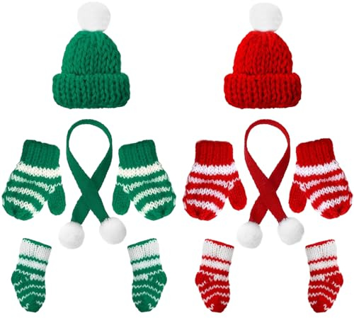 YIZHIXIANGQ Mini Weihnachtsmütze, Nikolausmütze Klein, 12 Stück Mini Weihnachten Schal, Handschuhe, Mini Socken Deko, Weihnachtsmütze Tischdeko, Mini Strickmütze für Weinflasche, Puppenhaus