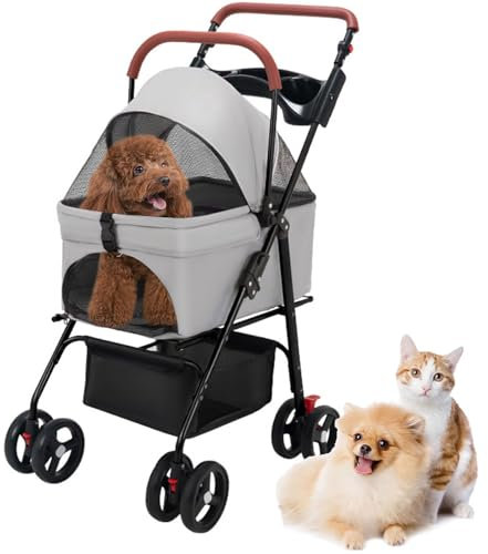 Zusammenklappbarer Haustier-Kinderwagen für kleine Hunde, Hunde- und Katzen-Kinderwagen mit Aufbewahrungskorb, verstellbarer Griff, belastbar bis zu 20 kg, Haustier-Spazierwagen für kleine/mittelgroße
