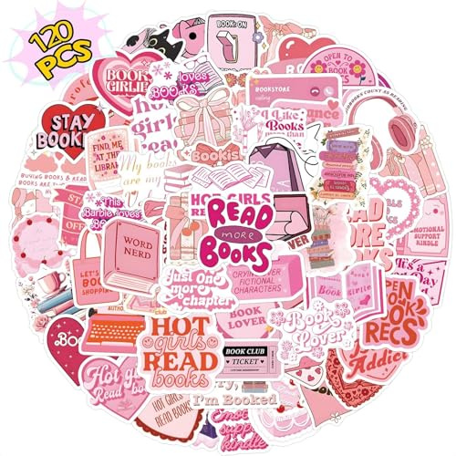 Moguri 120 Stück Rosa Buchaufkleber, Ästhetische Vinyl Sticker Set für Laptop, Skateboard, Wasserflasche, Buchliebhaber, Geschenk für Kinder, Mädchen, Frauen, Book Merch Aufkleber für Scrapbook