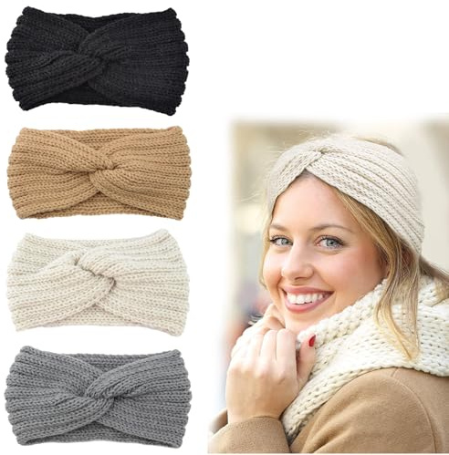 Cfcyhla 4 Stück Stirnband Damen Winter Gestrickt,Frauen Mädchen,Frauen Haarbänder Breit Ohrenwärmer Häkelarbeit Elastische Haarschmuck für Outdoor Sport, Skifahren, Laufen