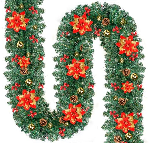 Homewit 2,7m Weihnachtsgirlande, Tannengirlande mit 10 Tannenzapfen, 10 Roten Beeren, 10 Weihnachtskugeln und Weihnachtsblumen, Wiederverwendbare Weihnachtsdeko für Kamin, Treppe und Haustür