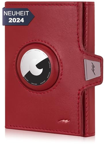 Marc Peter® Jupiter Airtag Echtleder Geldbörse mit XL Münzfach | Kleines Portemonnaie für Herren mit RFID | Apple Airtag Mini Geldbörse für Männer | Kreditkartenetui für bis zu 11 Karten Rot