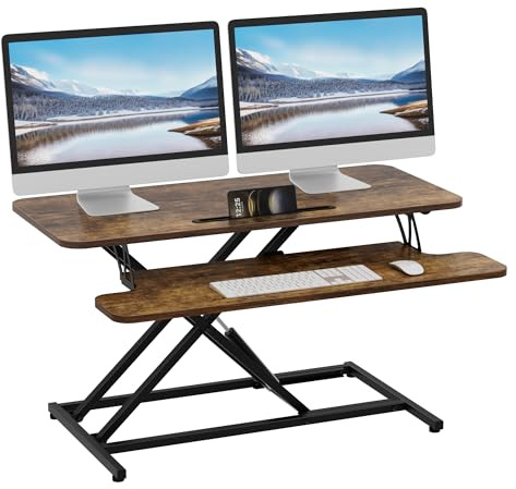 ERGOMAKER Steh-Sitz Schreibtischaufsatz Höhenverstellbar, Stehpult Aufsatz Schreibtisch 91 X 40CM Desktop Erhöhung mit Tastaturablage Für Zwei Monitore,Rustikales Braun