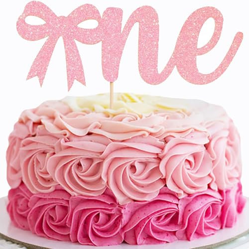 Pink Bow 1st Birthday Cake Topper - Pink Bow Tie One Cake Decorations for Girls, Sweet 1st Birthday Photo Smash Props, Baby Girl Cake Toppers