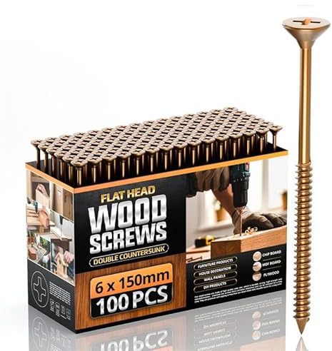 Vis à bois multi-usages,6mm x 150mm, 100 pièces, kit de vis à bois à filetage simple galvanisées au zinc, vis autotaraudeuses passivées jaunes pour terrasse (6mm x 150mm)