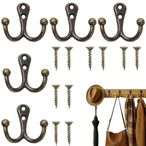 5er-Pack Kleiderhaken,Doppelhaken Garderobenhaken,Kleiderhaken Garderobe,Bronze-Design Garderobenhaken Vintage,Mit Schrauben Kleiderhaken Vintage,Geeignet FüR TüRen,WäNde,SchräNke,Badezimmer,KüChen
