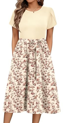 Zeagoo Vestido Elegante Mujer Verano Casuales Cuello Redondo Vestido Cortas Mangas Vestidos Midi Playa Estampado de Flores Vestido FloralF M