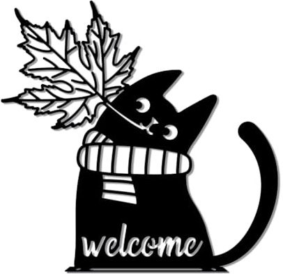 WADORN Welcome Cat Metal Garden Yard Art Decor, Fall Cat Statue Stakes Autumn Maple Leaf Backyard Hang Artwork Wall Decor Animal Thanksgiving Holiday Ornaments for Garden Tree Wall Yard Patio Lawn