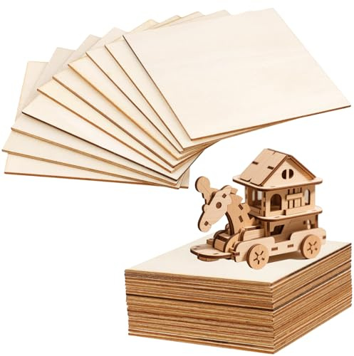 FUNSUEI 60PCS 10x10x0.2cm Wooden Plywood Sheets - Unfinished Square Wood Boards for Laser Engraving & DIY Craft Projects, Perfect for Wood Burning and Art Creations (2mm Thickness)
