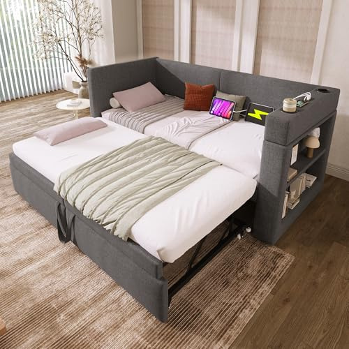 RIAZOS Polsterbett Ausziehbares Schlafsofa 90/180 x 200 cm, Einzelbett Daybett mit USB Type-C Ladefunktion, Armlehnen mit Getränkehalter und Regal, Leinen, ohne Matratze, Dunkelgrau