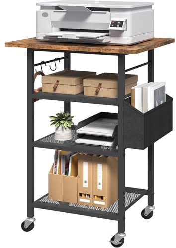 MAHANCRIS 4-Tier Printer Stand, Rolling Printer Table on Wheels, Industrial Storage Stand with Side Pocket, Wooden Tabletop, Mesh Shelves and 2 S-Shaped Hooks, for Home Office, Rustic Brown APTHR2601
