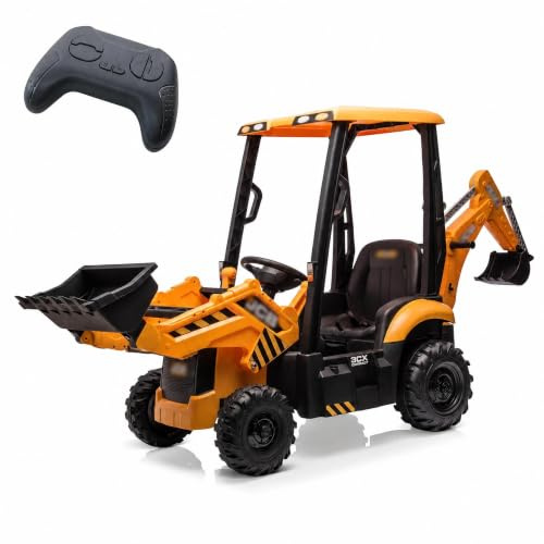4 in 1 Escavatore, 12 V JCB con Licenza Auto Elettrica, Giocattolo da Cavalcare con Telecomando, pala Frontale, Clacson e Pneumatici EVA, Escavatore per Bambini Trasformabile in 4 Forme, Giallo