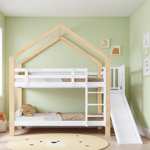 Seyakany Lit superposé Enfants 90 x 200 cm,lit cabane Enfants 90x200,Lit superposé 2 Places lit Mezzanine 2 Places avec Toboggan et échelle inclinée à Trois marches,avec barrière,Blanc + Naturel