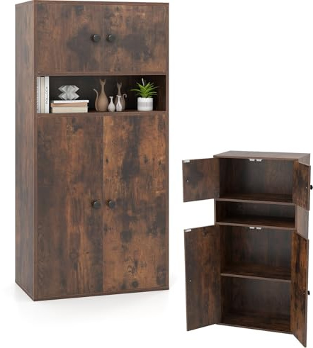 KOMFOTTEU Bücherregal mit 3 Ebenen, Bücherschrank mit 2 Schränken mit Türen und offenem Regal, Würfelregal mit verstellbarem Regal, für Arbeitszimmer, Wohnzimmer, 54 x 30 x 111 cm (Braun)