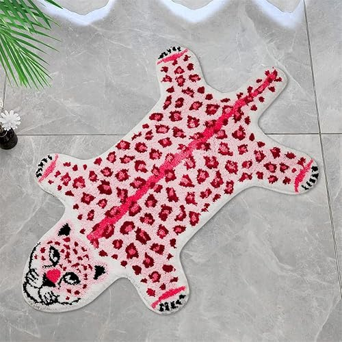 Teppich mit Leopardenmuster, Rosa, Badematte für Badezimmer, Cartoon, Geparden, Tiger, Fußmatte, rutschfeste Tiere, Bedruckter Bereich, Schlafzimmer, 100.3x59.9 cm