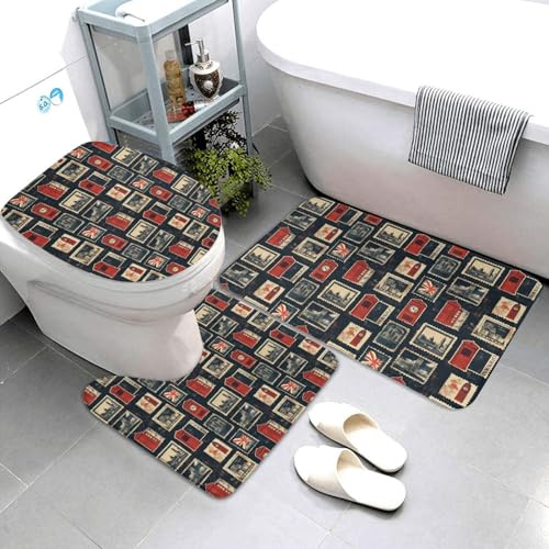 Nevjipu Set di 3 tappeti da bagno con stampa classica stampata, assorbente, antiscivolo, lavabile, a forma di U, tappetino per il contorno del WC, tappetino per doccia, tappetino da bagno per WC e