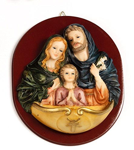 PABEN Acquasantiera Sacra Famiglia da Parete in Resina con placca in Legno by