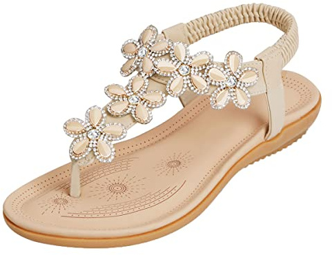 SANMIO Sandali Piatti Estivi da Donna da Estate Strass Fiore Bohemia Flip Flop Spiaggia Estivi Scarpe Casual Open Toe Tacco Piatto Stile 2 Albicocca 38 EU