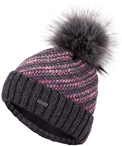 Faera Wintermütze Mütze Damen warm gefüttert mit Kunstfell Bommel Bommelmütze Fleecefutter Winter Strickmütze Beanie Mädchen 42, Farbe:Grau