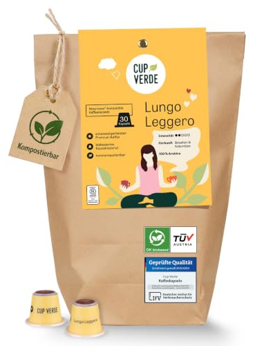 CUP VERDE 30 Lungo Leggero kaffekapslar Nespresso* kompatibel, mild och syrafattig/hållbar – klimatneutralt – rättvist handlad, skonsamt rostade