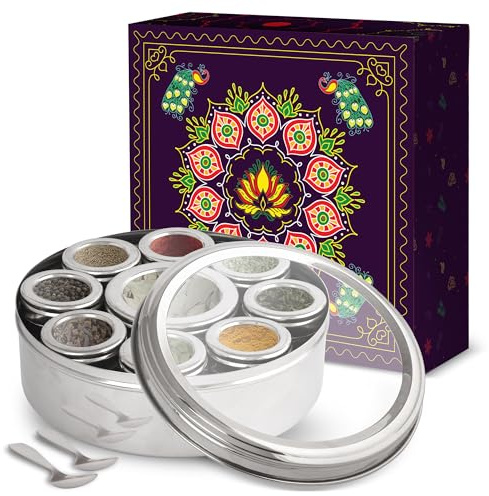 KSJONE Großer Gewürzbehälter Masala Dabba mit 9 Fächern, Masala-Box, Gewürzbehälter-Box, Gewürzbox aus Edelstahl, indische Masala Dabba mit transparentem Deckel, 22 cm
