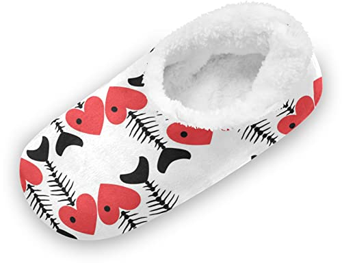 Mnsruu Espina De Pescado Artística Corazón Negro Rojo Zapatillas Casa Cálido Felpa Suave Pantuflas Mujer Hombre Invierno Cálidas Zapatos Antideslizante Algodón Slippers