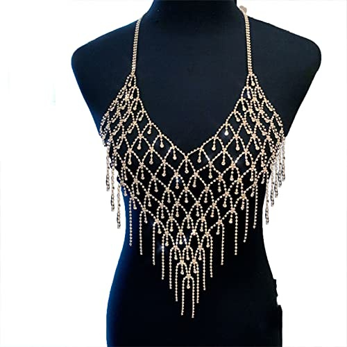 JIgeren Damen BH Sexy Strass Quaste Neckholder BH Diamant Kette Brustgeschirr Körperschmuck Golden