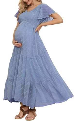 Schweiziskt prickig smockad mammaklänning för babyshower, fotografering, vardagsliv, v-ringad, volangärm, empiremidja, boho-klänning i flera skikt, B blå, L