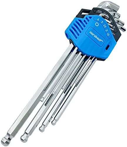 NordWolf 9-Piece Metric Stubby Allen Wrench Set, S2 Steel Long Arm Ball End Hex L-Keys, Sizes 1.5mm to 10mm
