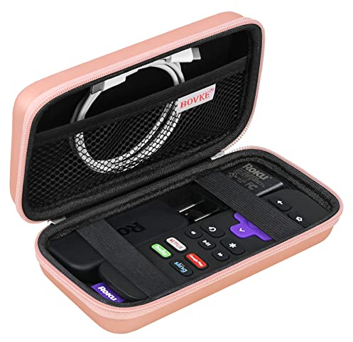 BOVKE Hartschalenkoffer für Roku Voice Remote Controller, Roku Streaming Stick+,4K, Roku Remote Case für Roku TV Steaming Stick 3820R/3821R/3941R, Extra Mesh Tasche für Adapter, Kabel, Roségold