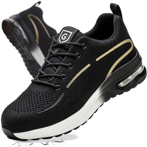 YEKOYIOO Arbeitsschuhe Herren Damen Sicherheitsschuhe mit Luftpolster Leicht rutschfest Bequeme Atmungsaktive StahlkappenSchuhe Geeignet für Küchen,Baustellen,Wandern,Bergsteigen,Fabriken Gold 40EU