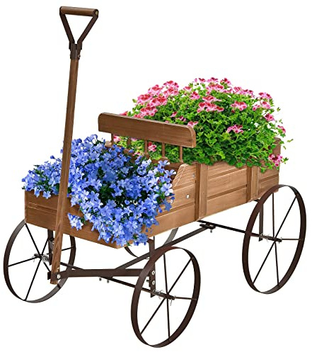 GYMAX Scaffale Porta Piante, Carrello Fioriera da Giardino, in Legno di Abete e Ferro con 4 Ruote e Manico Regolabile, 62 x 34 x 61 cm (MARRONE)
