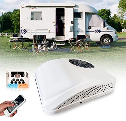 RV Climatiseur 2 en 1 RV Climatiseur de toit avec refroidissement et chauffage, 12 V/24 V CC électrique Parking Climatiseur Camping-car Système de climatisation pour voiture RV Camion Camper Pelle