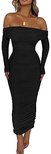 PRETTYGARDEN Women's Fall Off Shoulder Maxi Bodycon Dress Long Sleeve Ruched Fitted Club Dresses with Slit (Black,Medium)