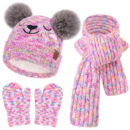Bequemer Laden Bebes Niños Invierno Gorro Pompon Guantes Bufanda Conjunto Manoplas con Forro Polar Regalo Bebe para 0-4 Años Niña Niño