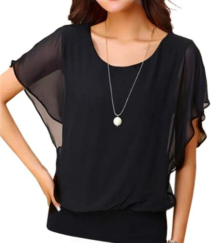 Neineiwu Damen Elegant Batwing Bluse Kurzarm Tunika Blumen Rundkragen Party Outfit Chiffon Oberteil, Schwarz, XXL