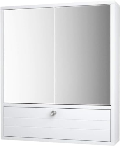 GOPLUS Bad Spiegelschrank, Hängeschrank mit Spiegel, aus MDF, Zweitüriger Badschrank, mit 1 verstellbare Ablage, zum Platzieren von Duschgel, Parfüm, Rasiermesser, Kosmetika, 54 x 14 x 62 cm, Weiß