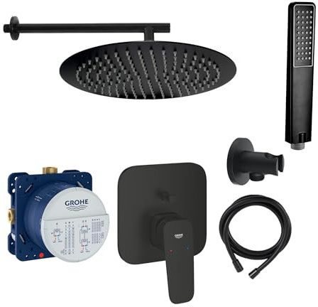 vanvilla Duschsystem Unterputz mit Duscharmatur Grohe schwarz GS25 | Duscharmatur von Grohe Cubeo Einhebelmischer und vanvilla Regendusche Duschkopf rund, Dusch-SET schwarz matt