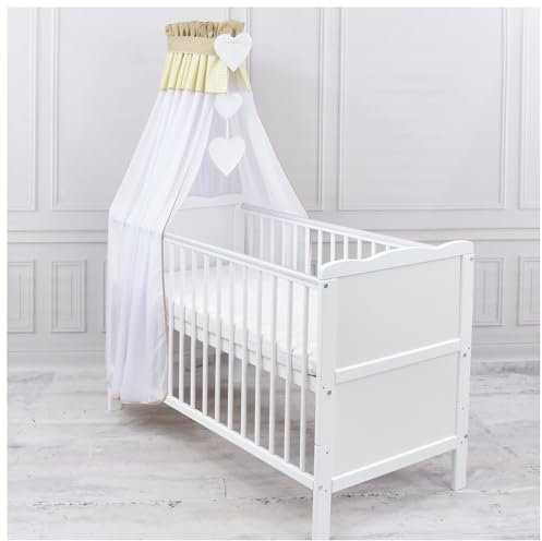 Generisch Baby Delux Babybett Himmel Betthimmel Chiffon Baldachin für Babybett Kinderbett Wiege Stubenwagen Himmelstange Applikationen Herz Deko (Karro Beige, mit Himmelstange)
