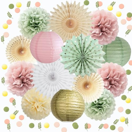 Party Deko Salbeigrün Rosa Seidenpapier Pompoms Grün Rosa Papierfächer Papierlaterne Grün Rosa Konfetti Tischdeko für Geburtstags Babyparty Hochzeit Party Dekorationen