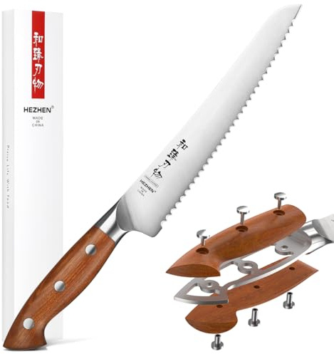 HEZHEN 27 cm tandad brödkniv, tyskt stål din 1.4116 kakknivar, ergonomiskt trähandtag